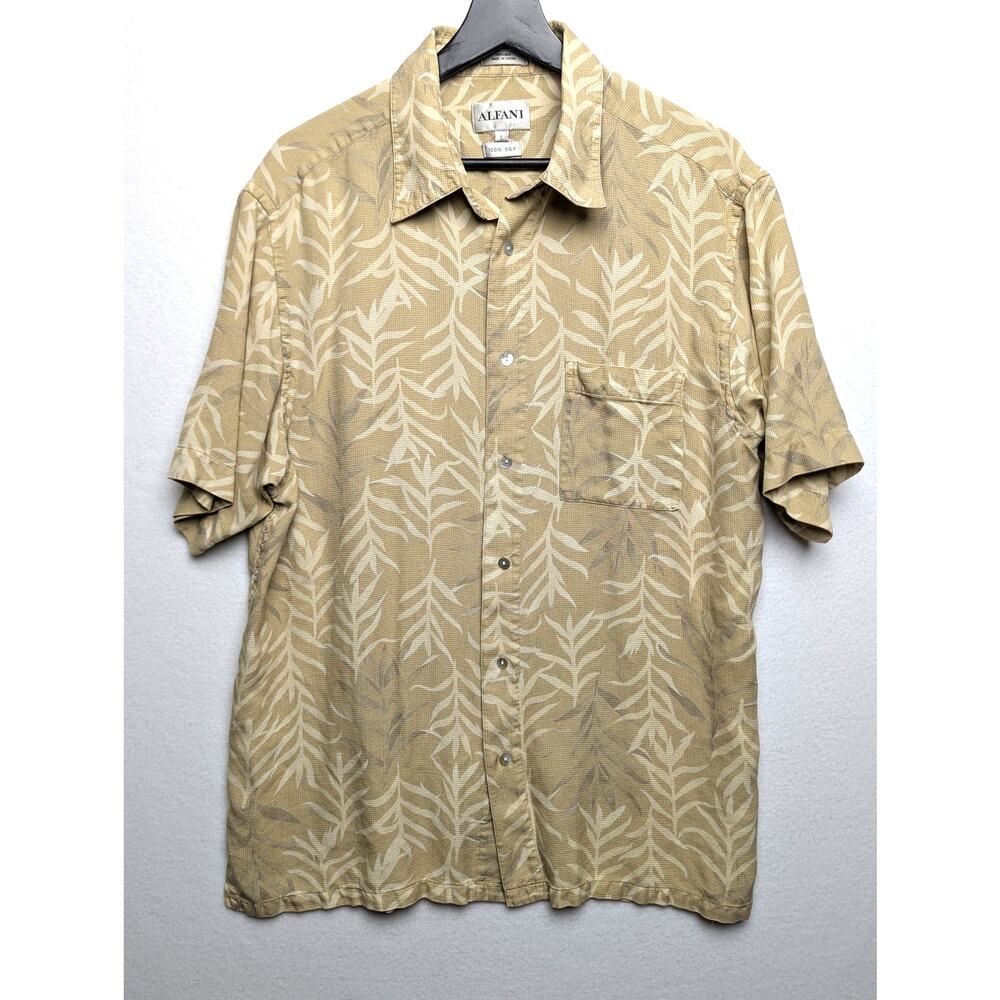 Alfani Tan 100% Silk Shirt Men's L -  Abstract‎ Floral Print Size L Camp Collar